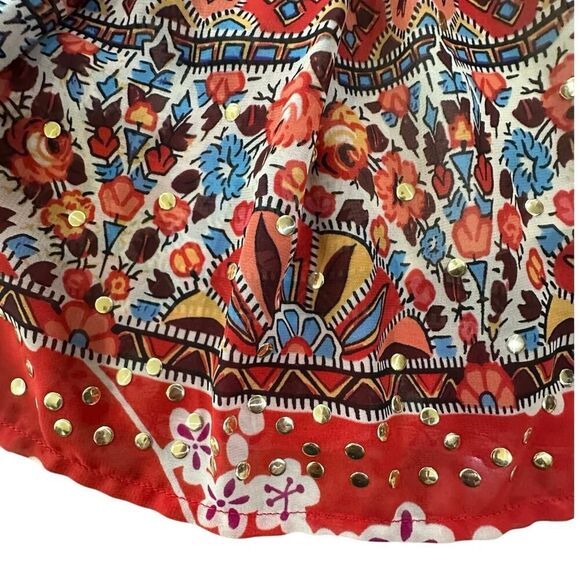 Cache BOHO Tiered Gypsy Festival Colorful Beaded Smock Waist Midi Skirt SZ Large - Picture 12 of 14